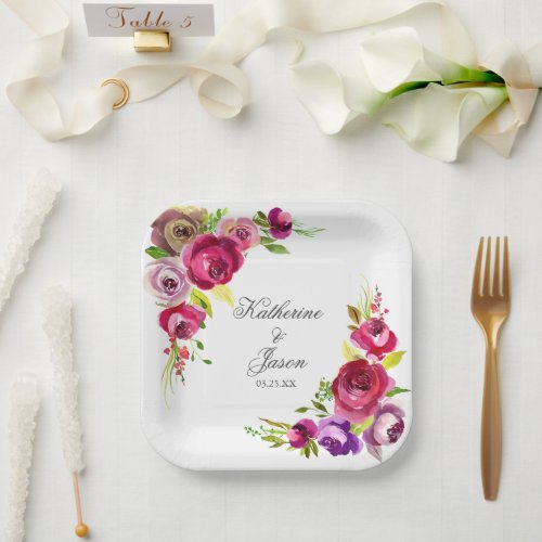 Elegant Fuchsia Pink Roses Romantic Garden Wedding Paper Plates