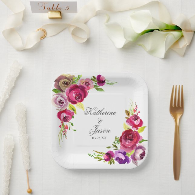 Elegant Fuchsia Pink Roses Romantic Garden Wedding Paper Plates (Wedding)