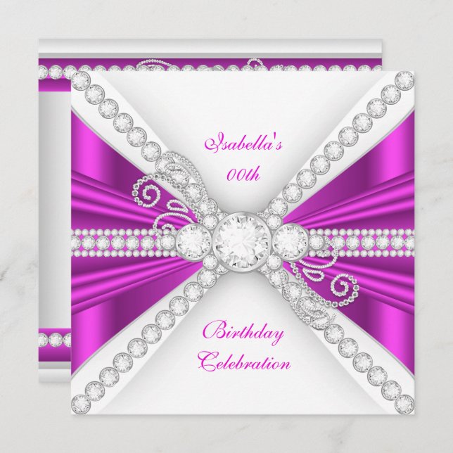 Elegant Fuchsia Pink Silver Diamond Birthday Party Invitation (Front/Back)