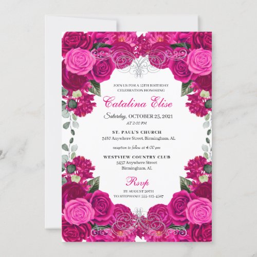 Elegant Fuchsia Pink Silver Floral Quinceanera  In Invitation