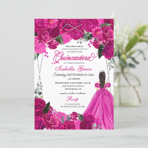 Elegant Fuchsia Pink Silver Floral Quinceanera Inv Invitation
