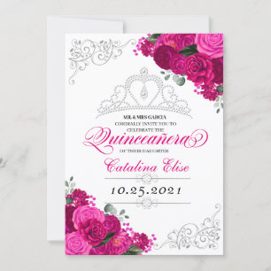 Elegant Fuchsia Pink Silver Floral Quinceanera Invitation