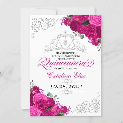 Elegant Fuchsia Pink Silver Floral Quinceanera  Invitation