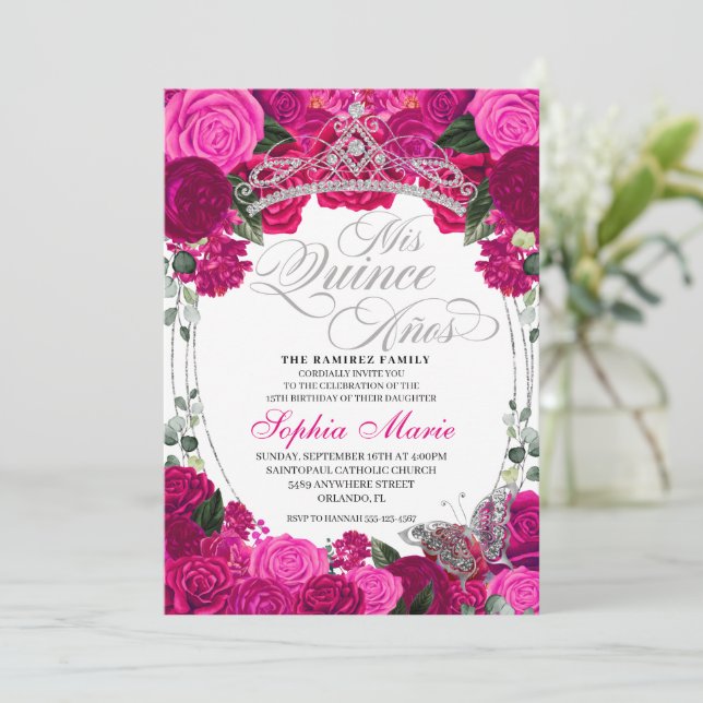 Elegant Fuchsia Pink Silver Floral Quinceanera Invitation (Standing Front)