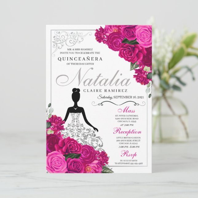Elegant Fuchsia Pink Silver Floral Quinceanera Invitation (Standing Front)