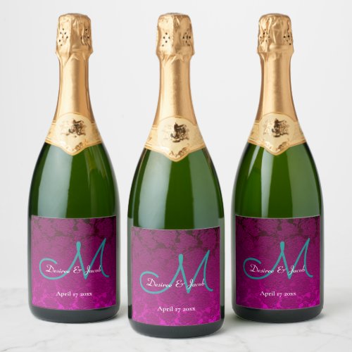 Elegant Fuchsia Pink Teal White Wedding Monogram Sparkling Wine Label