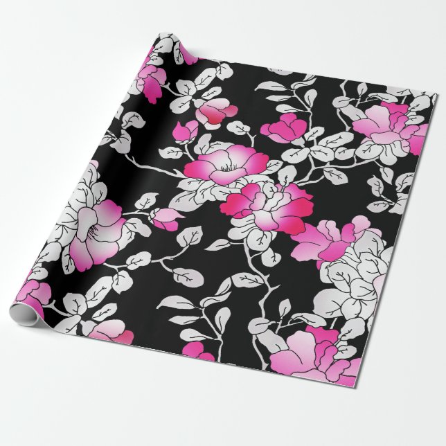 Elegant Fuchsia Pink White Black Floral Decoupage Wrapping Paper (Unrolled)