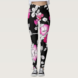 Elegant Fuchsia Pink White Black Floral Leggings