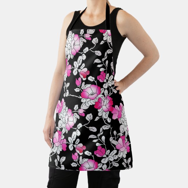 Elegant Fuchsia Pink White Black Floral Pattern Apron (Insitu)