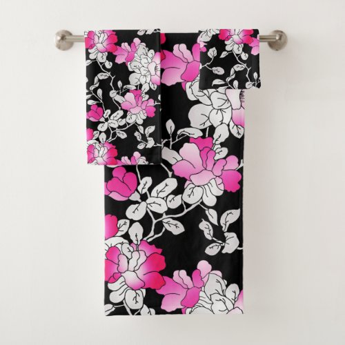 Elegant Fuchsia Pink White Black Floral Pattern Bath Towel Set