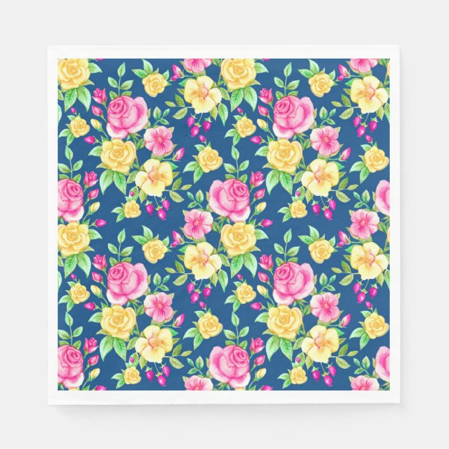 Elegant Fuchsia Pink Yellow Rose Floral Pattern Napkins (Front)