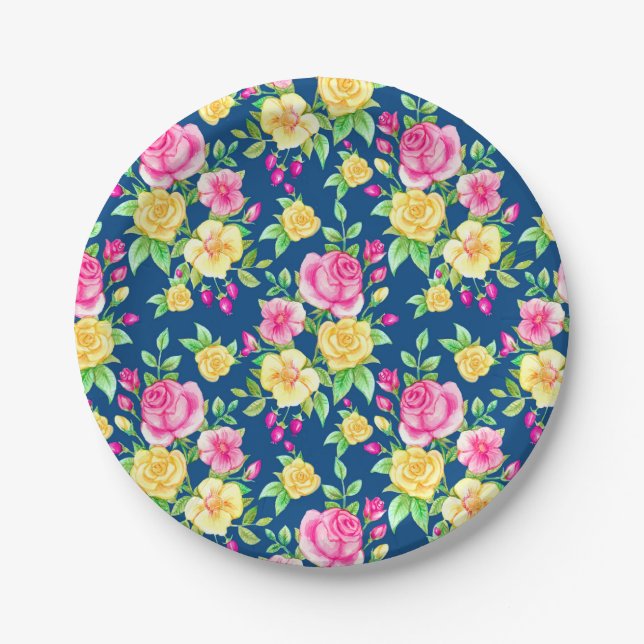 Elegant Fuchsia Pink Yellow Rose Floral Pattern Paper Plates (Front)