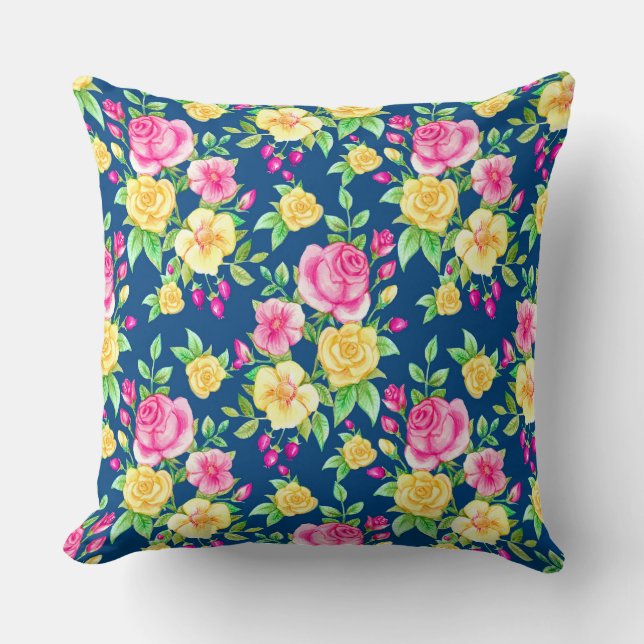 Elegant Fuchsia Pink Yellow Rose Floral Pattern Throw Pillow (Front)