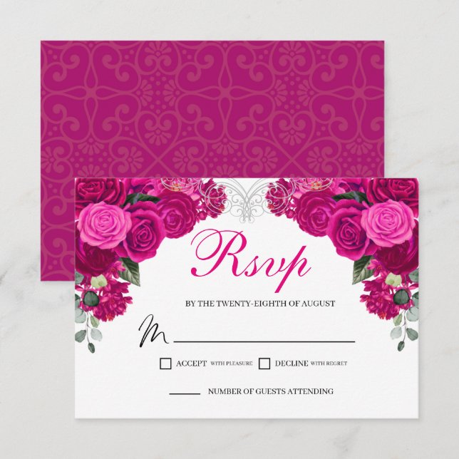 Elegant Fuchsia Silver Floral RSVP Enclosure Card (Front/Back)