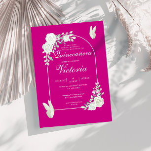 Elegant Fuchsia White Roses Butterfly Quinceañera Invitation