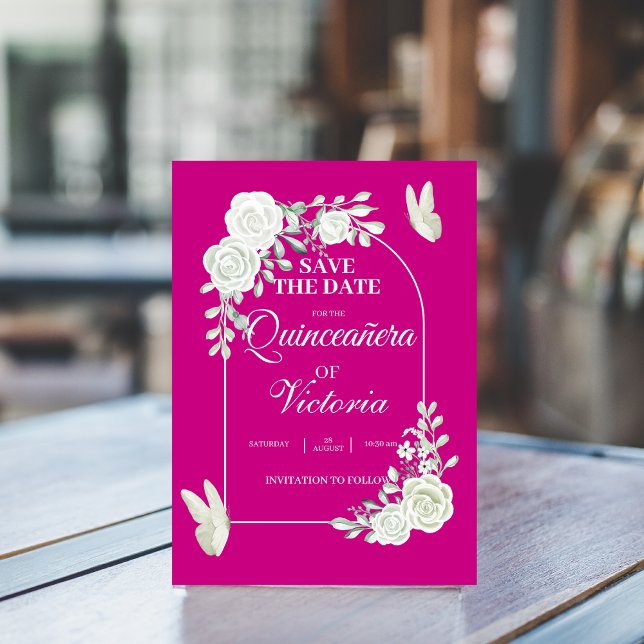 Elegant Fuchsia White Roses Butterfly Quinceañera Save The Date (Creator Uploaded)