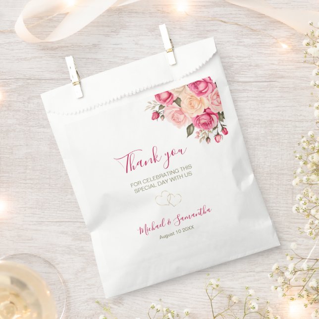 Elegant Fucia Pink and Ivory Rose Wedding Favor Bag (Clipped)