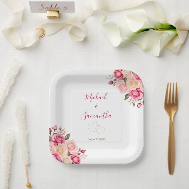 Elegant Fucia Pink and Ivory Rose Wedding Paper Plates (Wedding)