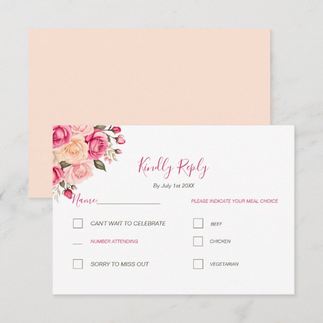 Elegant Fucia Pink and Ivory Rose Wedding RSVP Card (Front/Back)