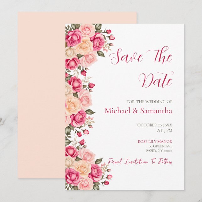 Elegant Fucia Pink and Ivory Rose Wedding Save The Date (Front/Back)