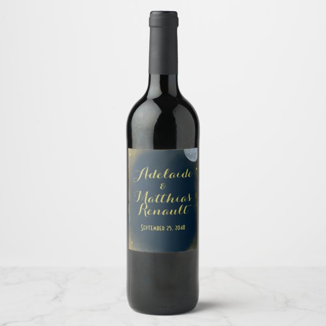 Elegant Full Moon Celestial Wedding: Blue & Gold Wine Label (Front)