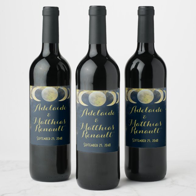 Elegant Full Moon Celestial Wedding: Blue & Gold Wine Label (Bottles)