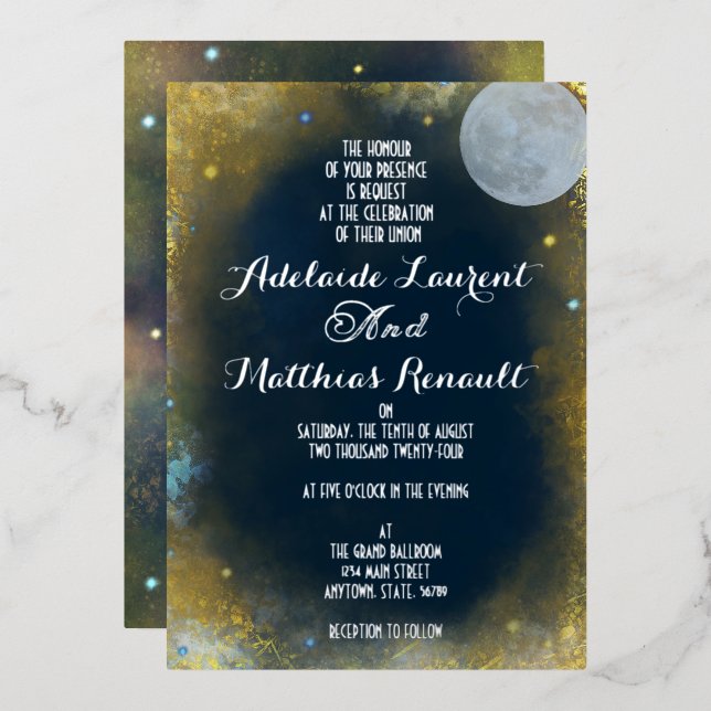 Elegant Full Moon Celestial Wedding: Blue & Silver Foil Invitation (Front/Back)