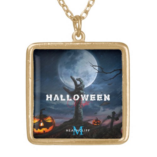 Elegant Full Moon Monogram Halloween Pumpkin Night Gold Plated Necklace