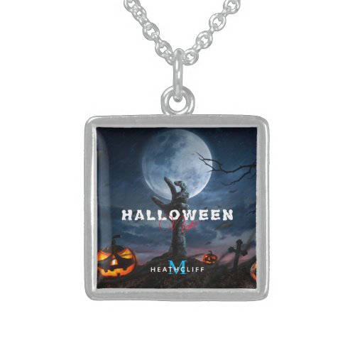 Elegant Full Moon Monogram Halloween Pumpkin Night Sterling Silver Necklace