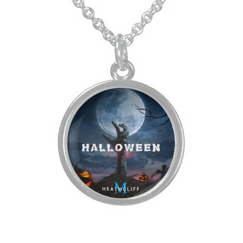 Elegant Full Moon Monogram Halloween Pumpkin Night Sterling Silver Necklace