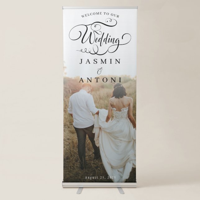 Elegant Full Photo Calligraphy Wedding Welcome Retractable Banner (Front)