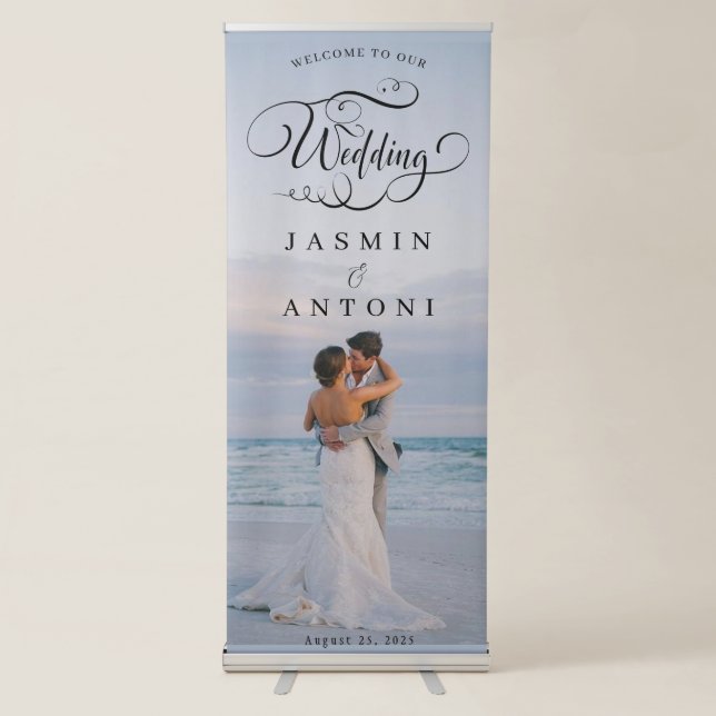 Elegant Full Photo Calligraphy Wedding Welcome Retractable Banner (Front)