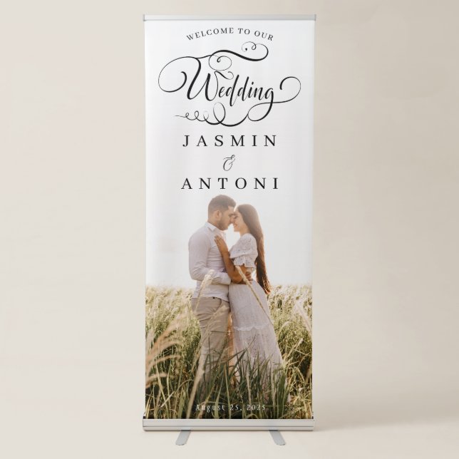 Elegant Full Photo Calligraphy Wedding Welcome Retractable Banner (Front)