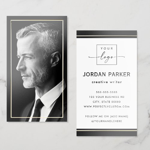Elegant full photo foil frame add logo black white business cards