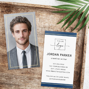 Elegant full photo foil frame add logo blue white business cards