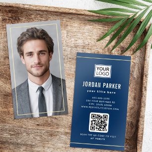 Elegant full photo foil frame add logo dark blue business cards
