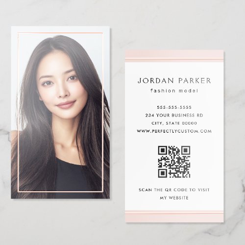 Elegant full photo minimal foil frame light pink business cards