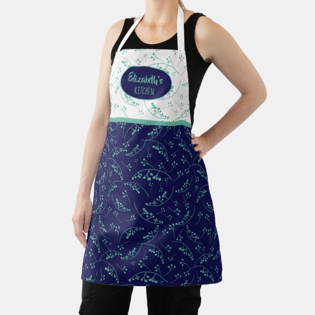 Elegant fun custom teal green blue berry pattern apron (Insitu)