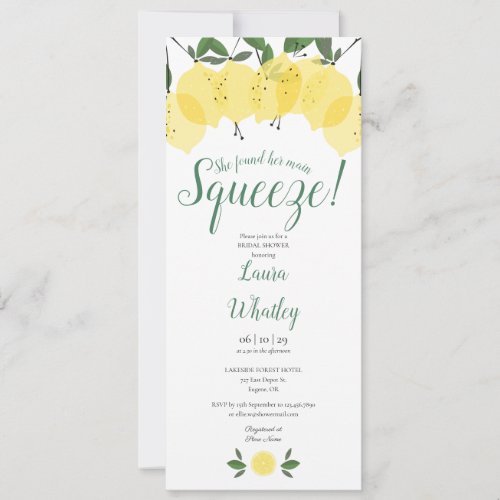 Elegant Fun Main Squeeze Lemon Bridal Shower Invitation - Featuring lemons greenery, this stylish fun bridal shower invitation can be personalized with your special event information and your monogram initials on the reverse. Designed by Thisisnotme©