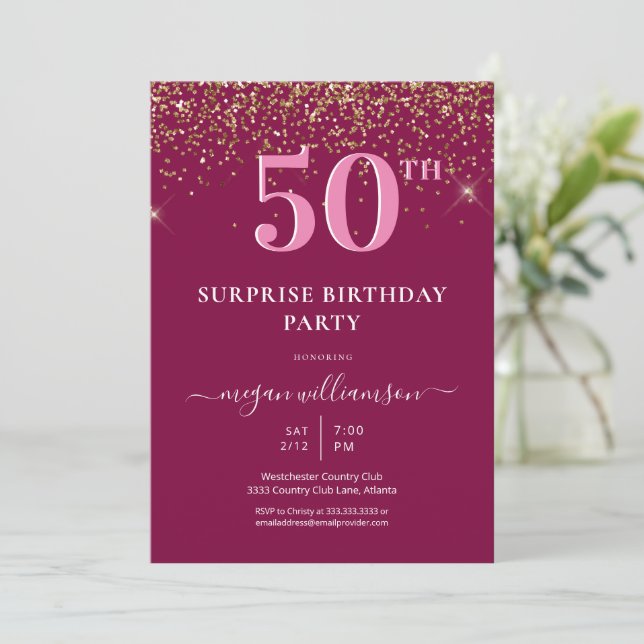 Elegant Fun Pink Gold Glitter 50th Birthday Party Invitation (Standing Front)
