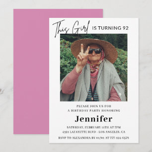 Elegant Fun Pink Photo 92nd birthday Invitation