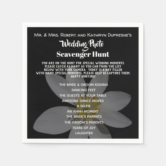 Elegant & Fun Wedding Photo Scavenger Hunt Napkins (Front)
