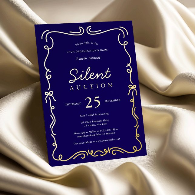 Elegant Fundraiser Silent Auction Navy & Gold Foil Invitation (Navy blue and gold foil business silent auction invtiations)