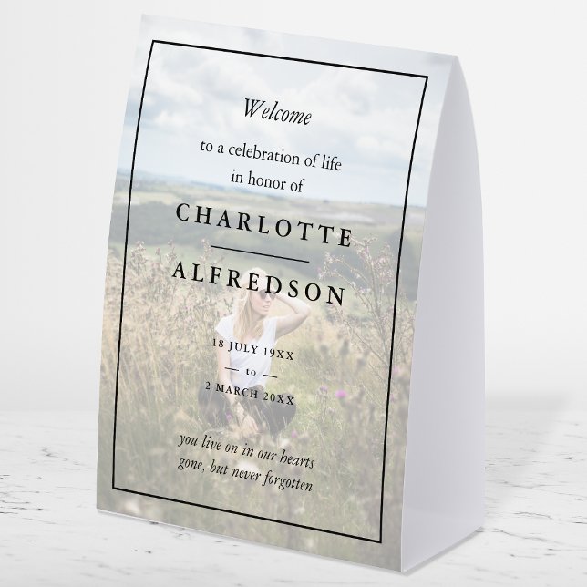Elegant Funeral | Chic Memorial Service Photo Paper Table Tent (Elegant Memorial table tent sign to celebrate the life of your loved one)