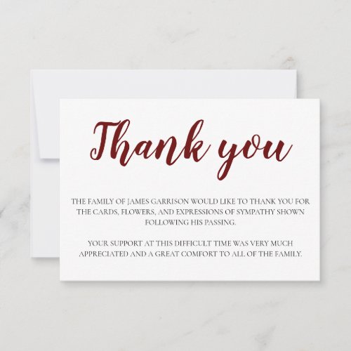Elegant Funeral Dark Red And White Thank You