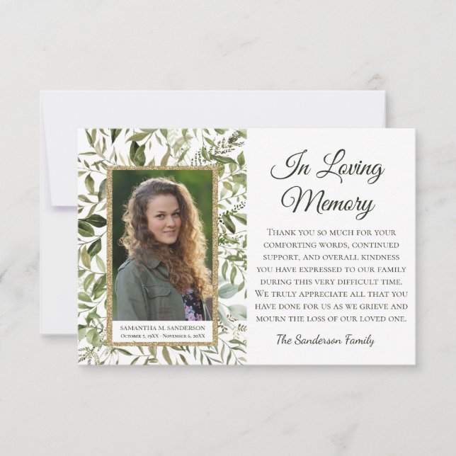 Elegant Funeral Eucalyptus In Loving Memory White  Thank You Card (Front)