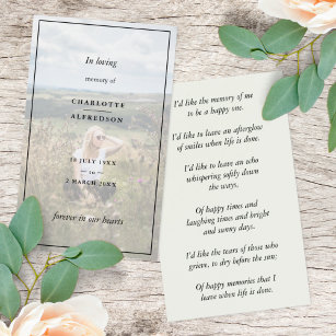 Elegant Funeral Favor   Memorial Photo Poem Card