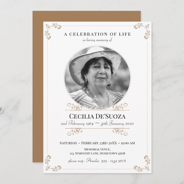 Elegant Funeral Gold White Classic Custom Photo Invitation (Front/Back)