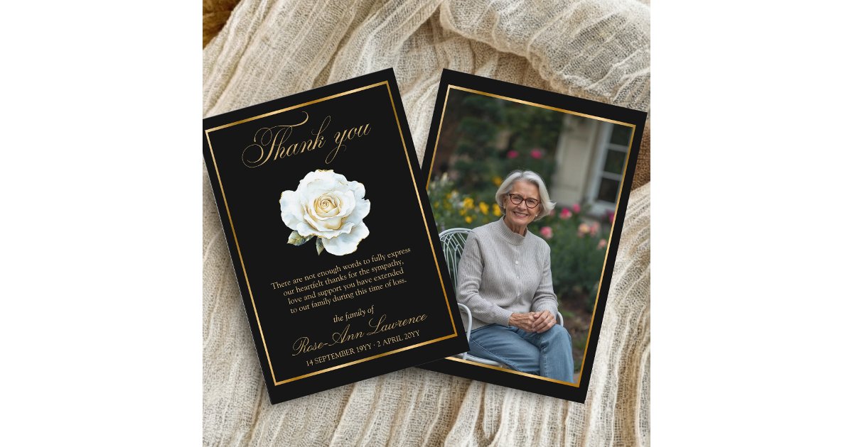 Elegant Funeral Gold White Rose Photo Thank You Card | Zazzle