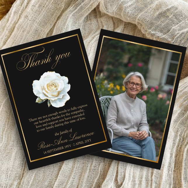 Elegant Funeral Gold White Rose Photo Thank You Card (Creator Uploaded)